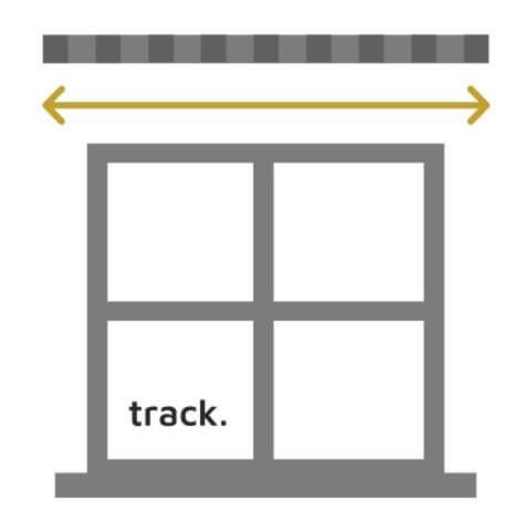 An annotated graphic showing that the entire width of a curtain track should be measured when measuring for curtain width.