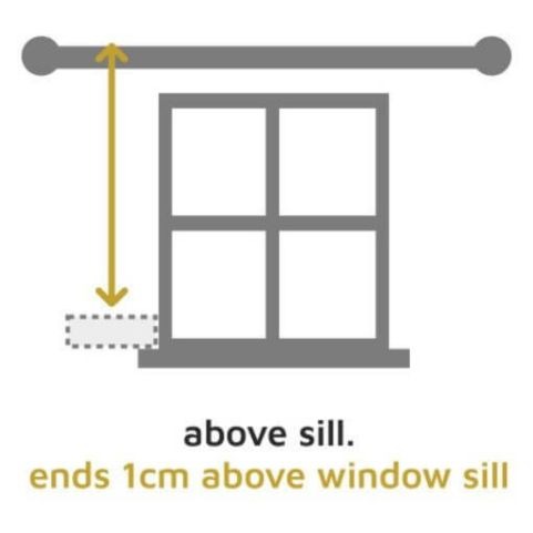 A labeled graphic illustrating how to measure for a short curtain length, with an arrow stretching from the very top of the curtain pole down to 1cm above the window sill.