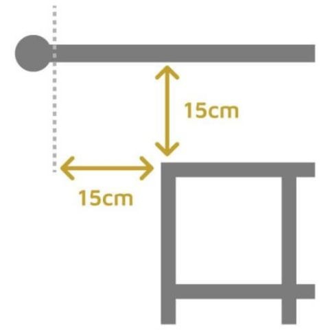 A labelled diagram showing how to position a curtain pole when measuring for curtains. Two double-side arrows illustrate that 15cm should be left between the top of the window and the curtain pole, and between the sides of the window and each end of the curtain pole, excluding the decorative ends.