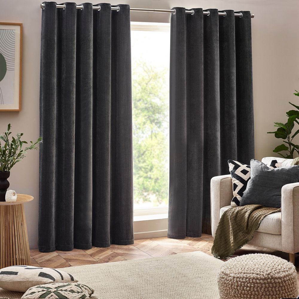 Charcoal coloured velvet living room curtains