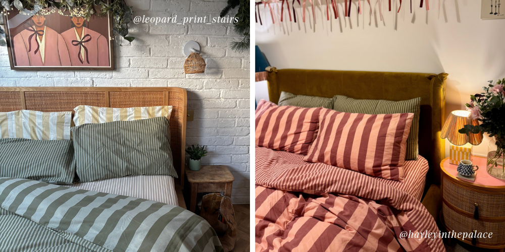 A green striped bedding set and a pink striped bedding set