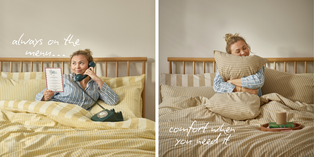 A yellow striped duvet cover and a neutral caramel coloured striped bedding set