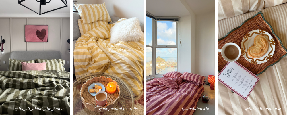 4 images with a green striped duvet cover, a yellow striped bedding set, a pink striped duvet cover and a neutral coloured striped bedding set
