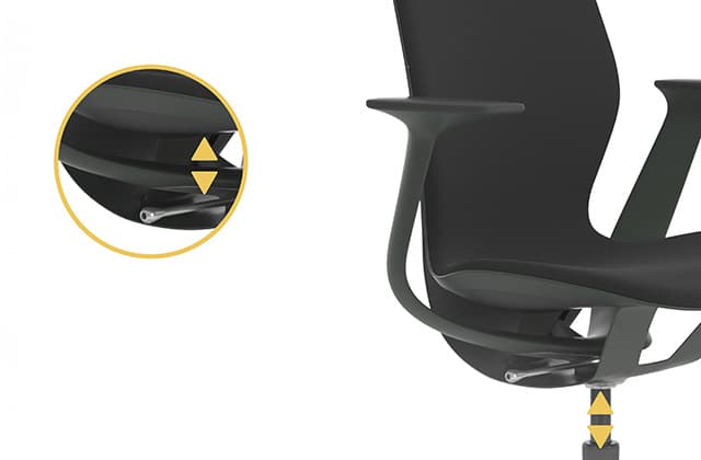 Silla de oficina Steelcase SilQ en Negro, foco en el asiento, mostrando la altura ajustable del asiento, sobre un fondo blanco.