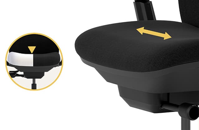 Silla de oficina Steelcase Amia en Negro, foco en el asiento, mostrando el acolchado adaptable, sobre fondo blanco.