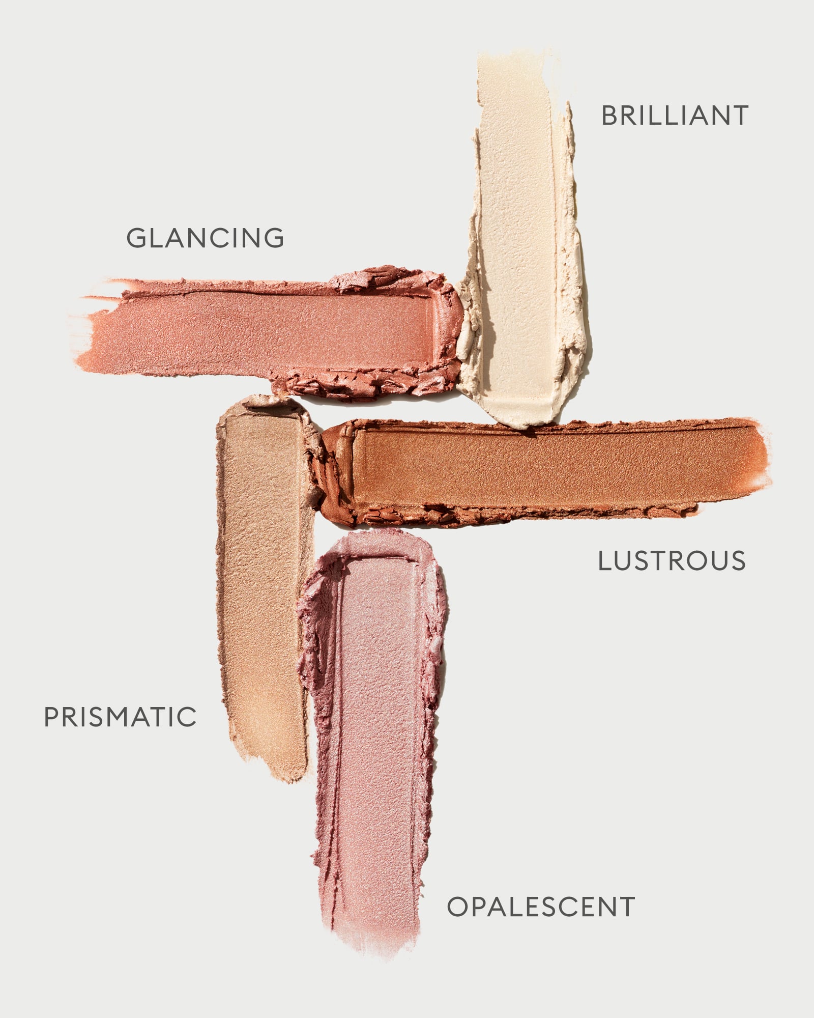 Amostra do produto com 5 tons de Solar Radiance Hydrating Cream Highlight em um fundo cinza.