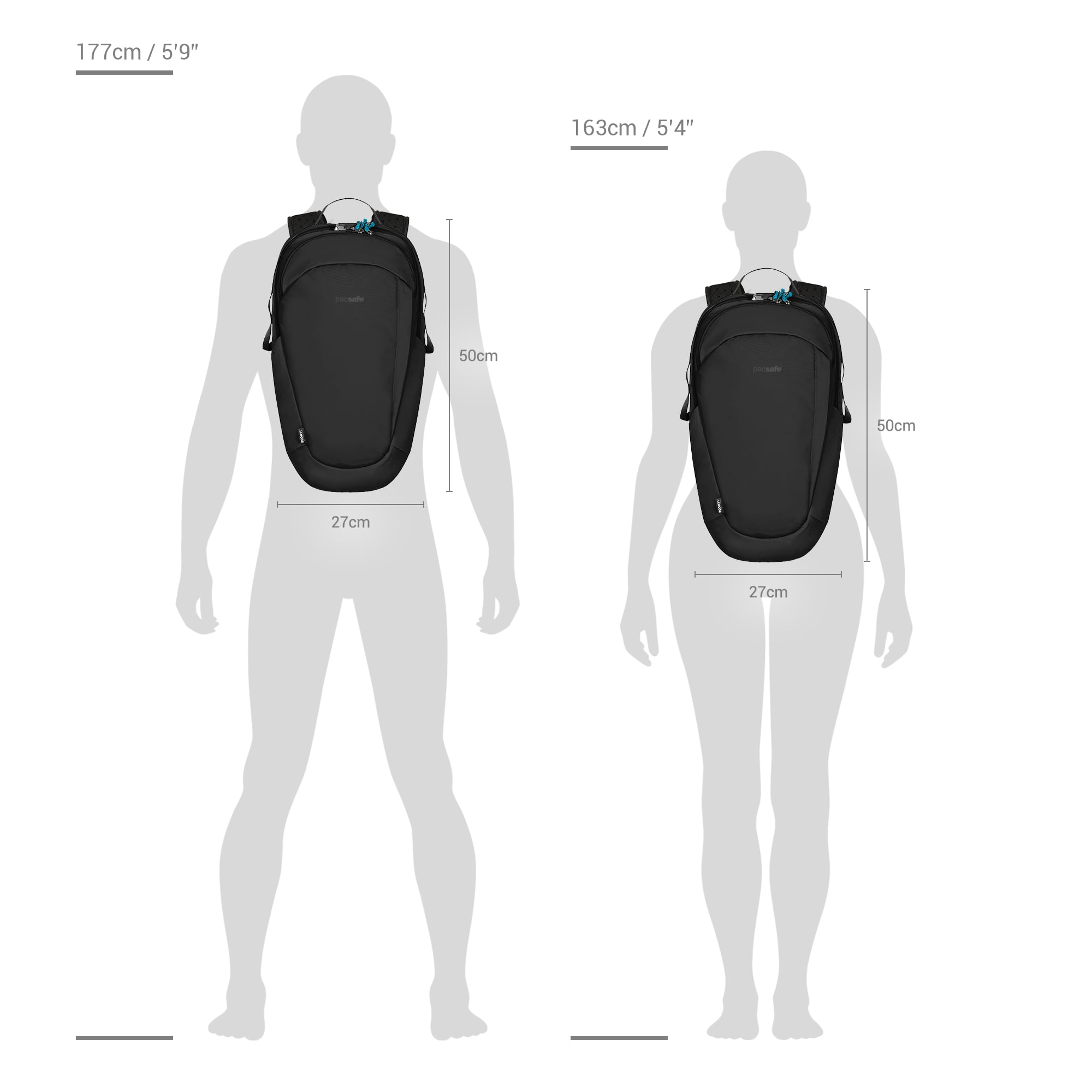 Size chart for Pacsafe® ECO 25L anti-theft backpack