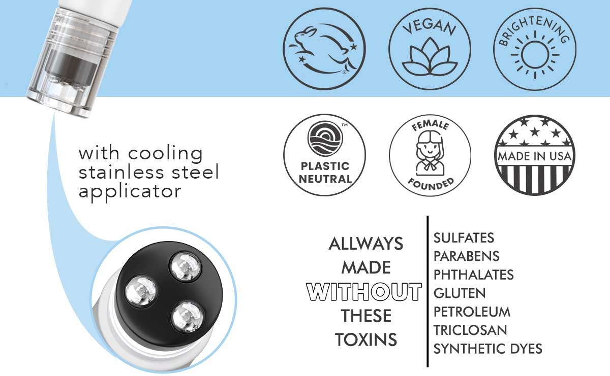with cooling
stainless steel
applicator
ALLWAYS MADE WITHOUT THESE TOXINS: 
SULFATES
PARABENS
PHTHALATES
GLUTEN
PETROLEUM
TRICLOSAN
SYNTHETIC DYES
