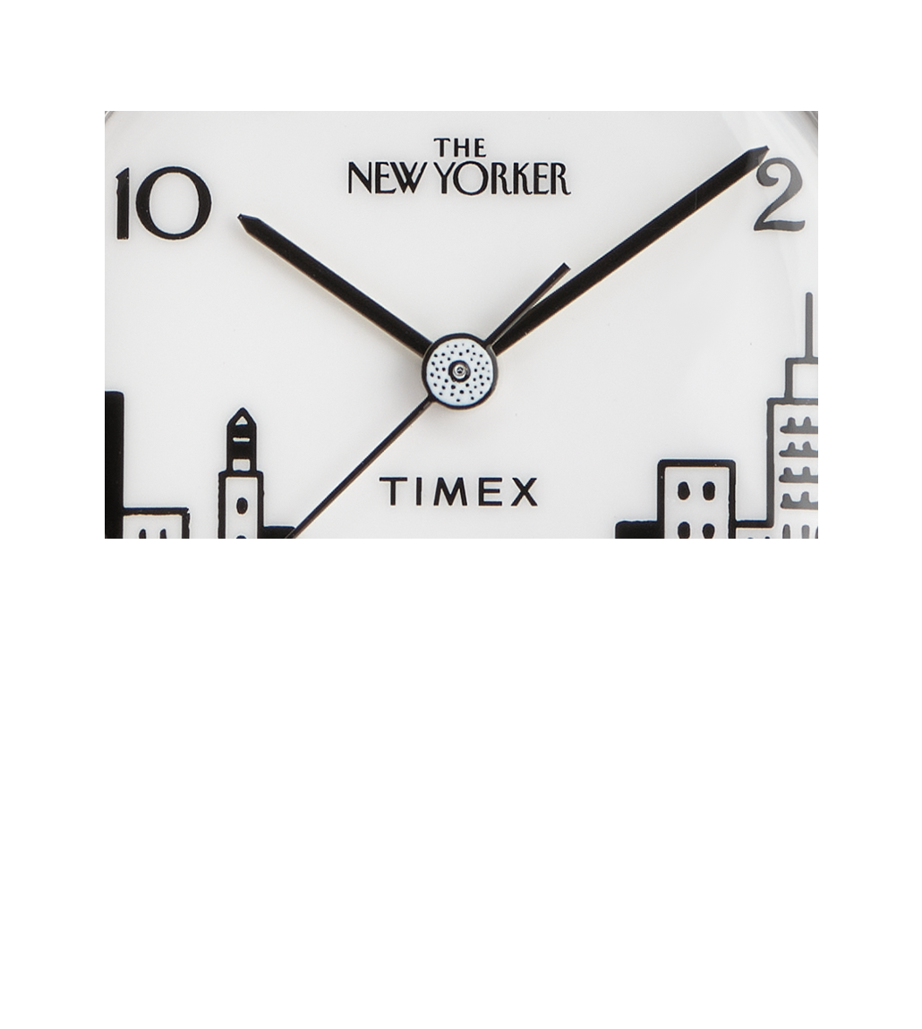 An extreme close-up shot of the Timex x The New Yorker Marlin® Hand-Wound watch face. The intricate cityscape illustration, black Arabic numerals, and fine watch hands are displayed in high detail. The