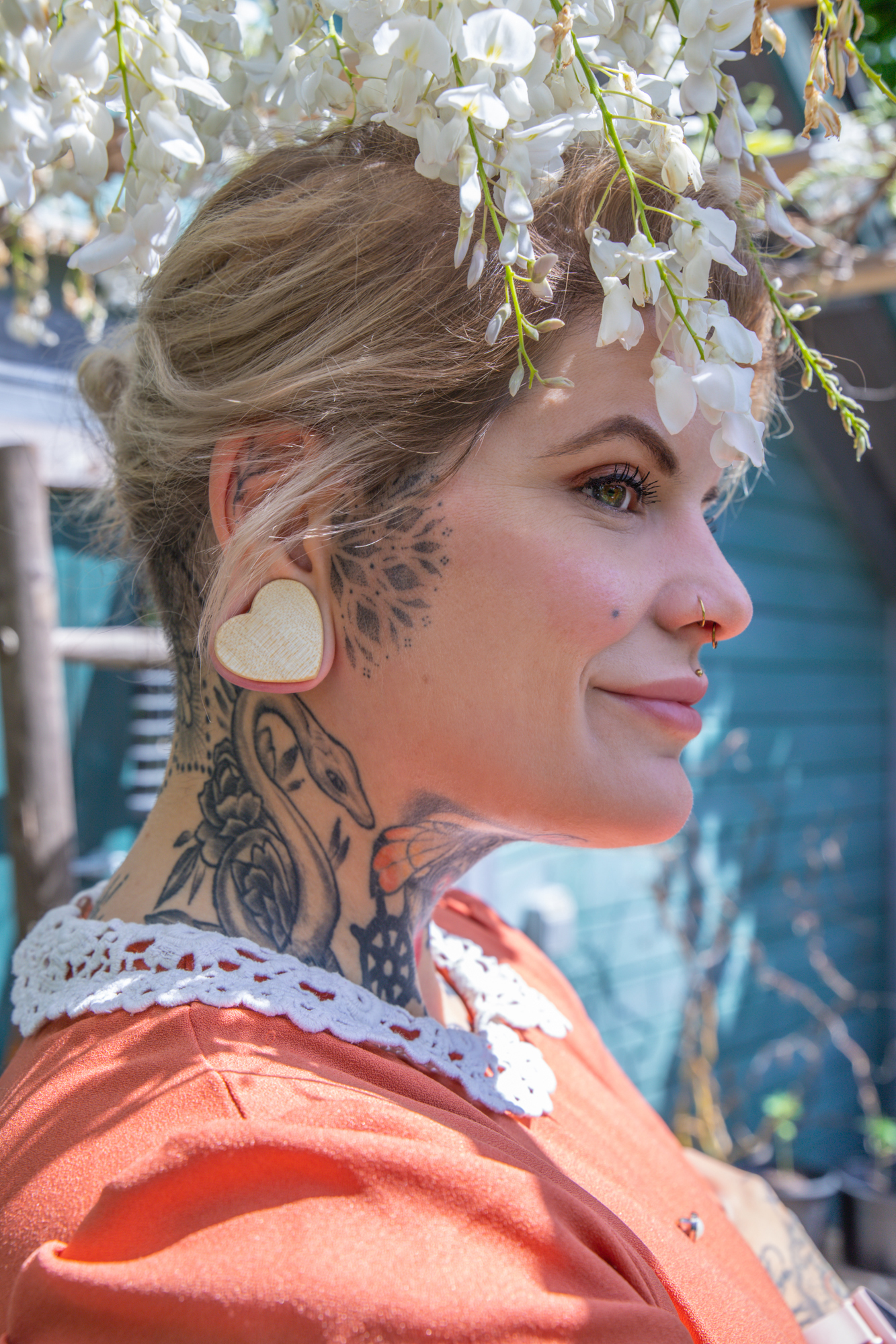 Girl wearing cute  Crocodile Heart Shaped Wood Ear Plug / Gauge