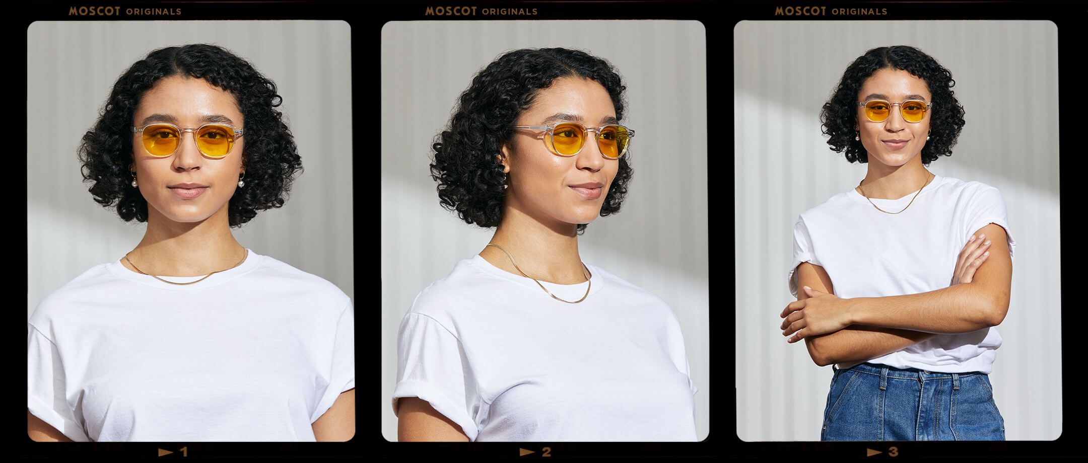 Model is wearing The ARTHUR in Crystal in size 50 with Mellow Yellow Tinted Lenses