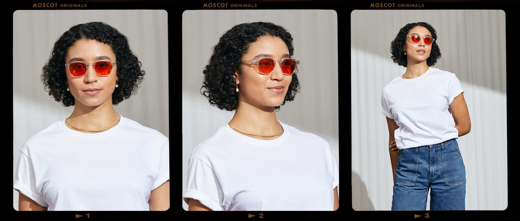 Model is wearing The ARTHUR in Crystal in size 50 with Woodstock Orange Tinted Lenses
