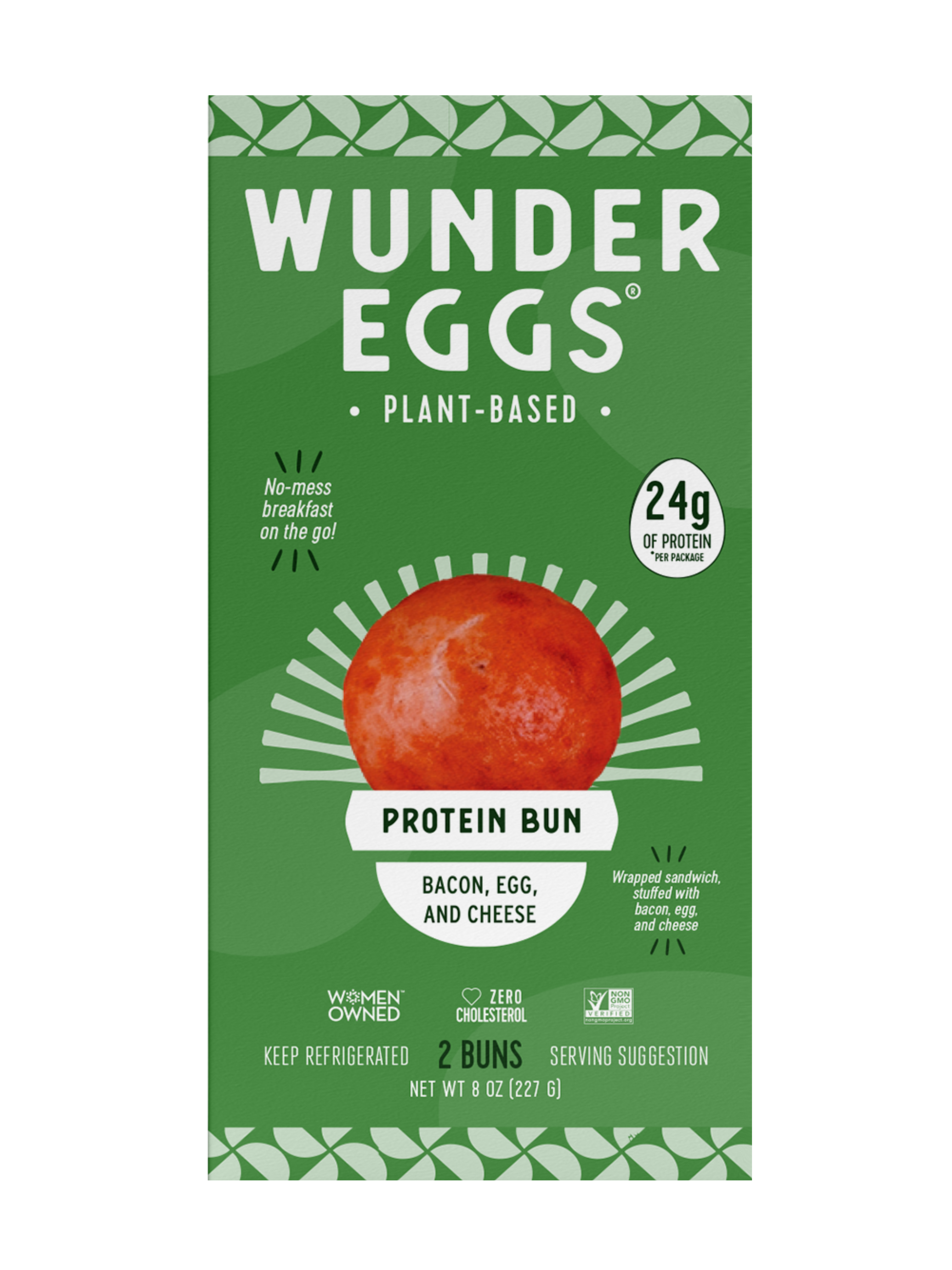 Protein Bun flavor Bacon, Egg & Cheese in a green box with WunderEggs branding