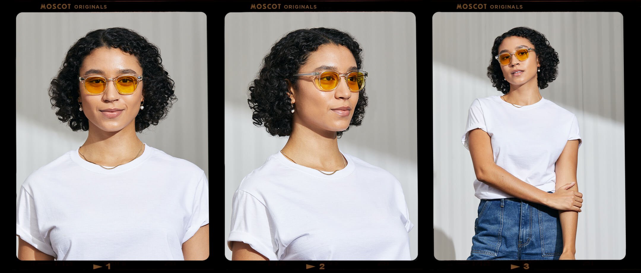 Model is wearing The GELT in Crystal in size 49 with Mellow Yellow Tinted Lenses