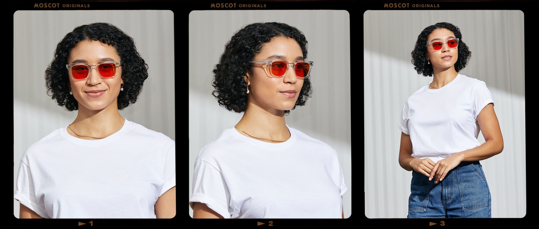 Model is wearing The GROBER in Crystal in size 48 with Woodstock Orange Tinted Lenses