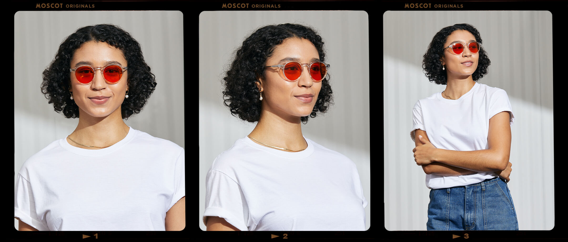 Model is wearing The MILTZEN in Crystal in size 49 with Woodstock Orange Tinted Lenses