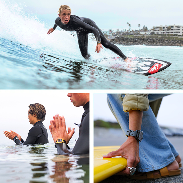 A collage of people enjoying their time in the ocean, surfing, wearing the Heat watch.
