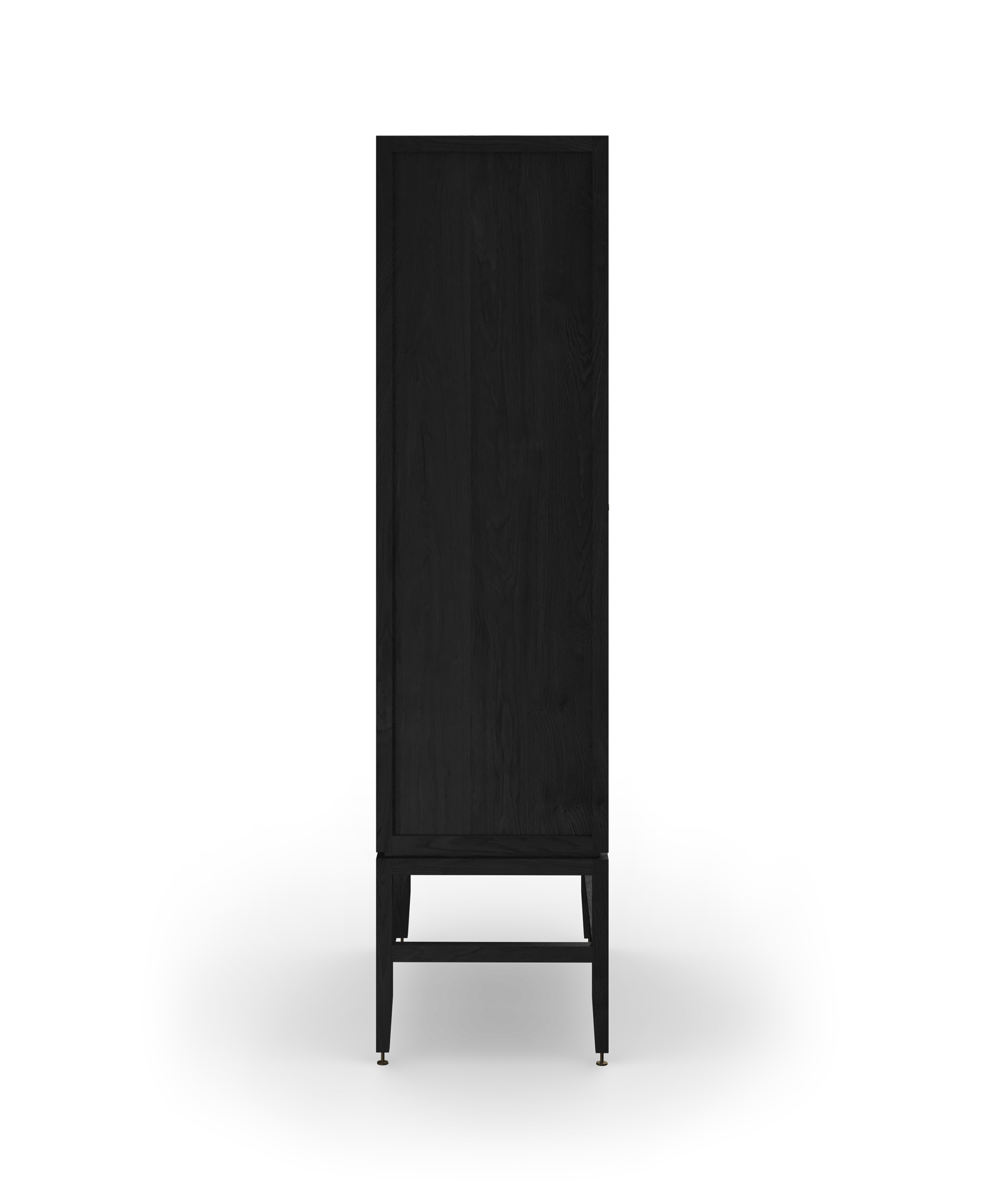 Coquo freestanding armoire in black stained oak with wood doors. Can be used as a pantry, buffet, wardrobe, pharmacy.