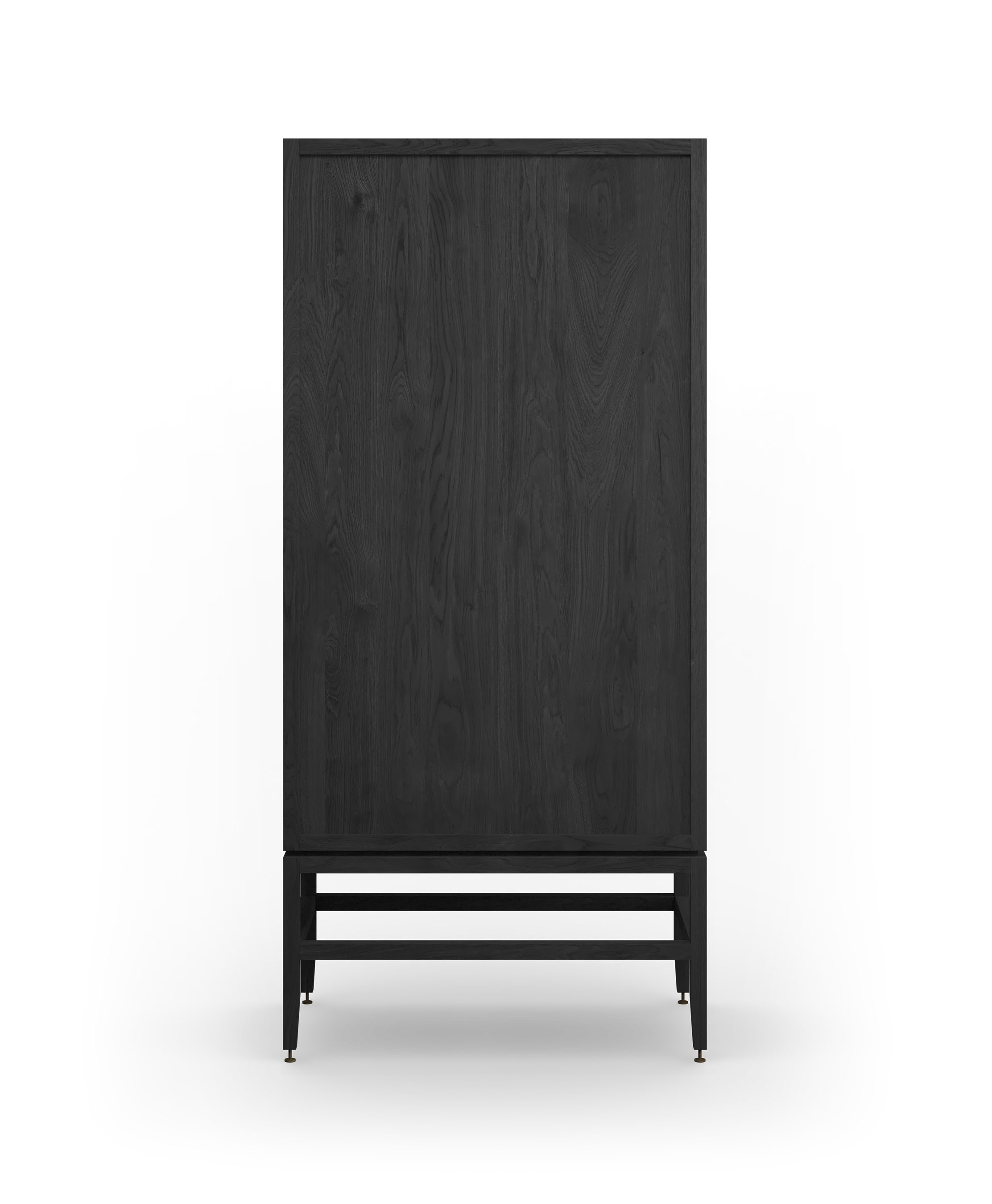 Coquo freestanding armoire in black stained oak with wood doors. Can be used as a pantry, buffet, wardrobe, pharmacy.