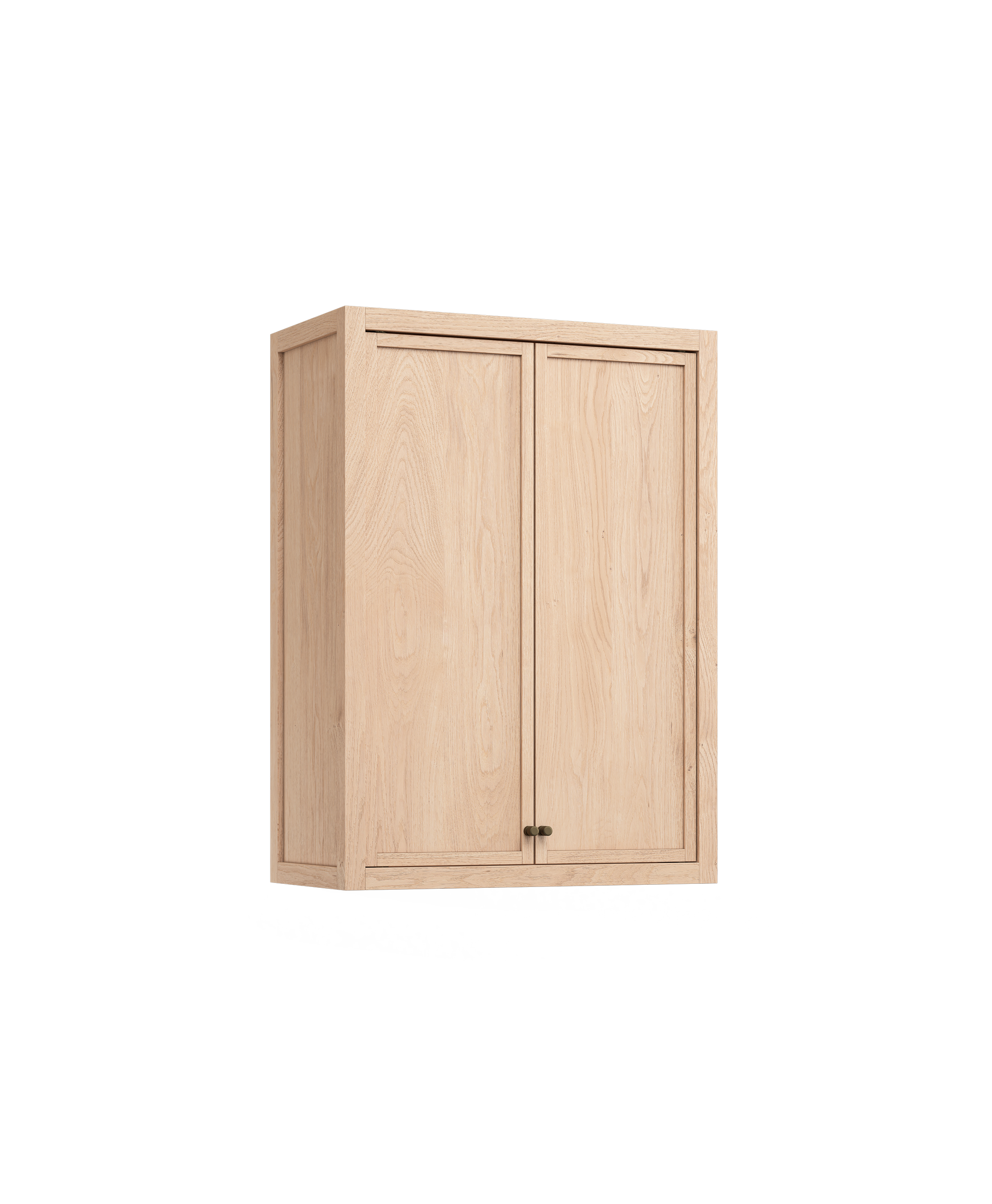 Coquo wall cabinet in natural oak, with shaker wood doors and bronze metal.  