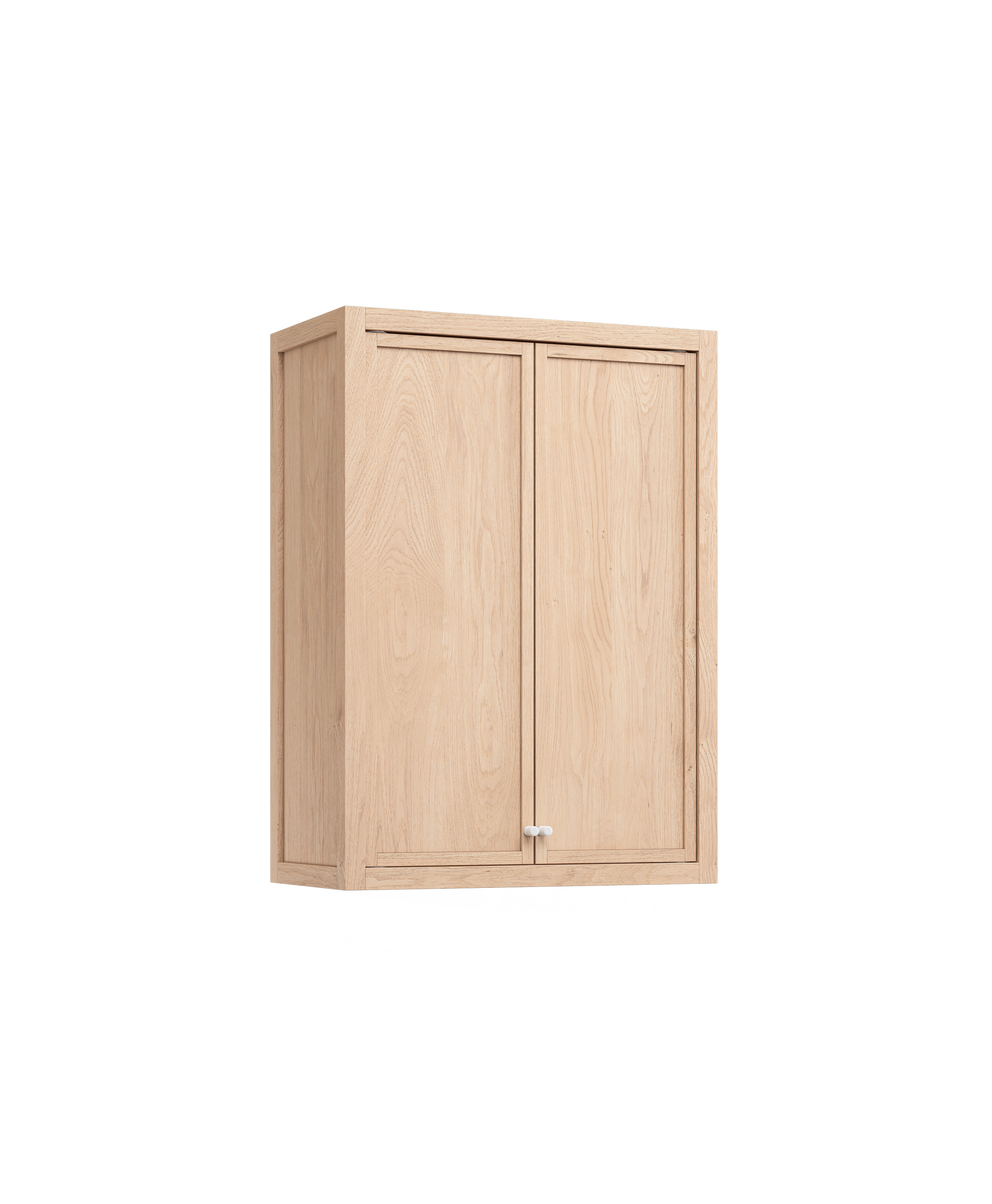 Coquo wall cabinet in natural oak, with shaker wood doors and white metal.  