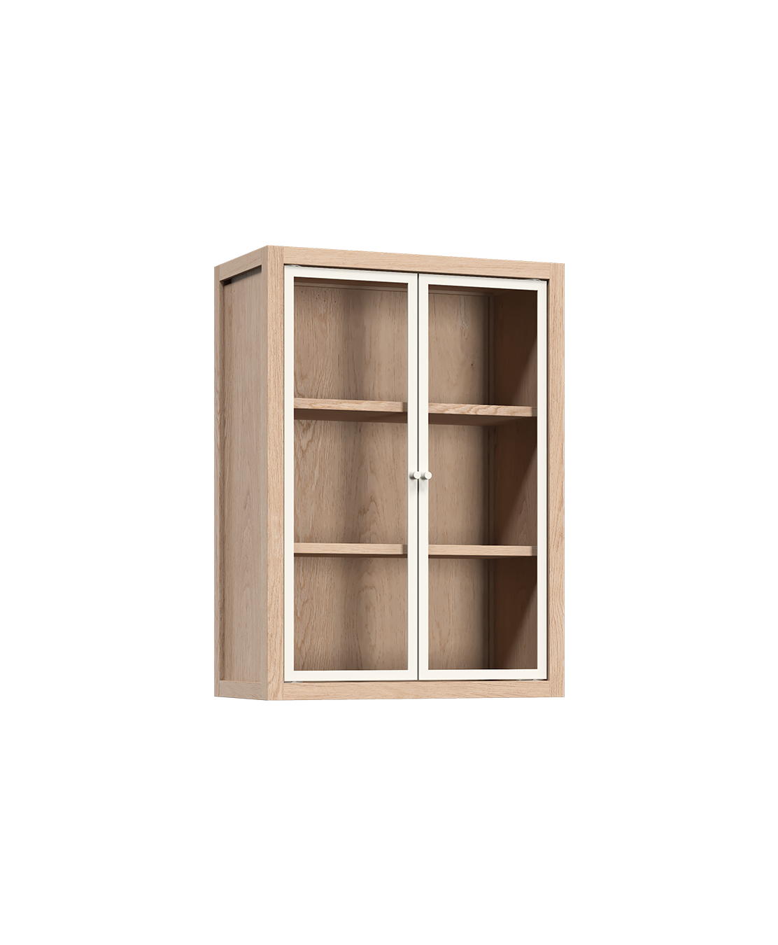 Coquo wall cabinet in natural oak with glass doors and white metal. 