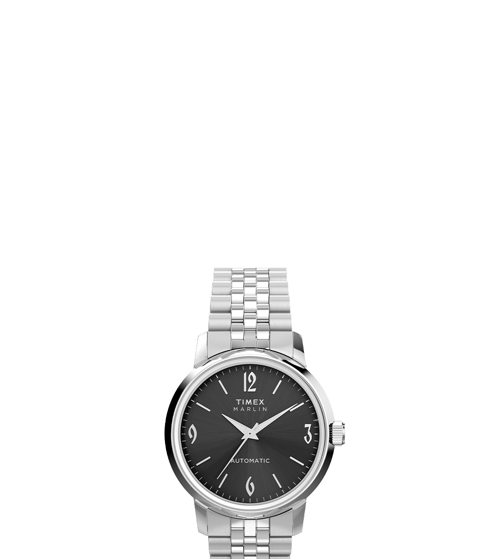 A high-resolution standalone image displaying the watch’s sleek black dial, silver hands, and elegant stainless steel bracelet.