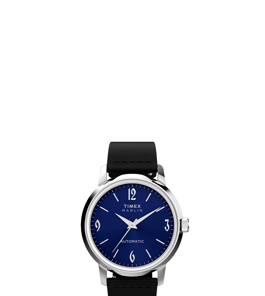 A high-resolution image of the watch, showcasing its deep blue dial, silver case, and black leather strap.