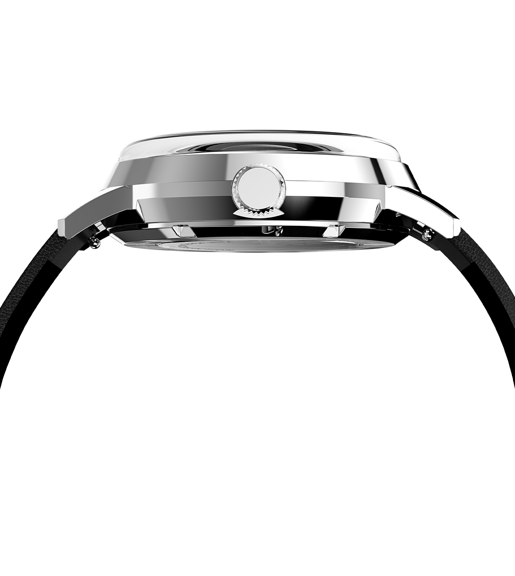 A close-up of the watch’s polished stainless steel case, emphasizing its thickness, smooth bezel, and elegant curves.