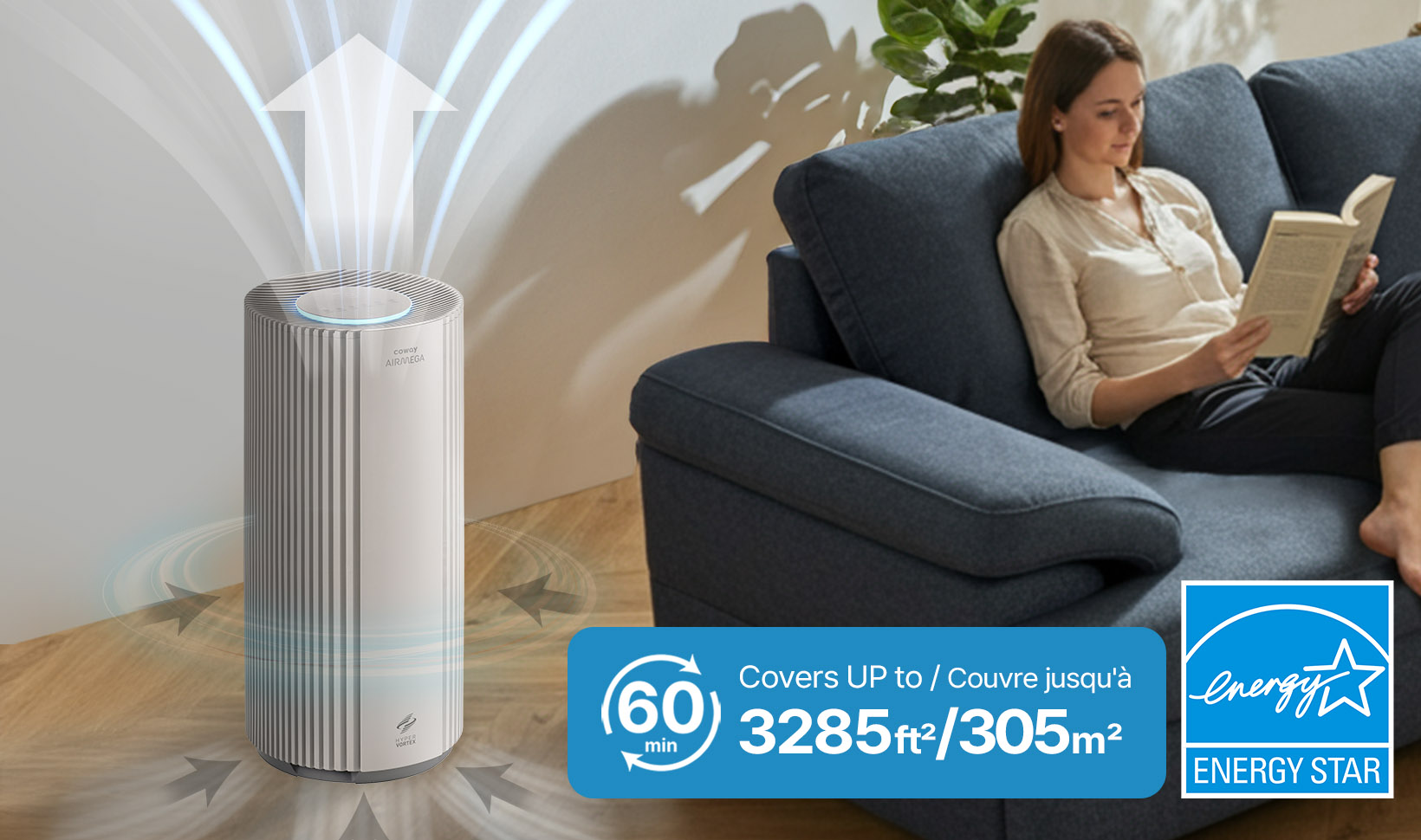 The Airmega 450 air purifier effectively filters the air in rooms up to 3,285 square feet. Le purificateur d'air Airmega 450 filtre efficacement l'air dans des pièces allant jusqu'à 305 mètres carrés.