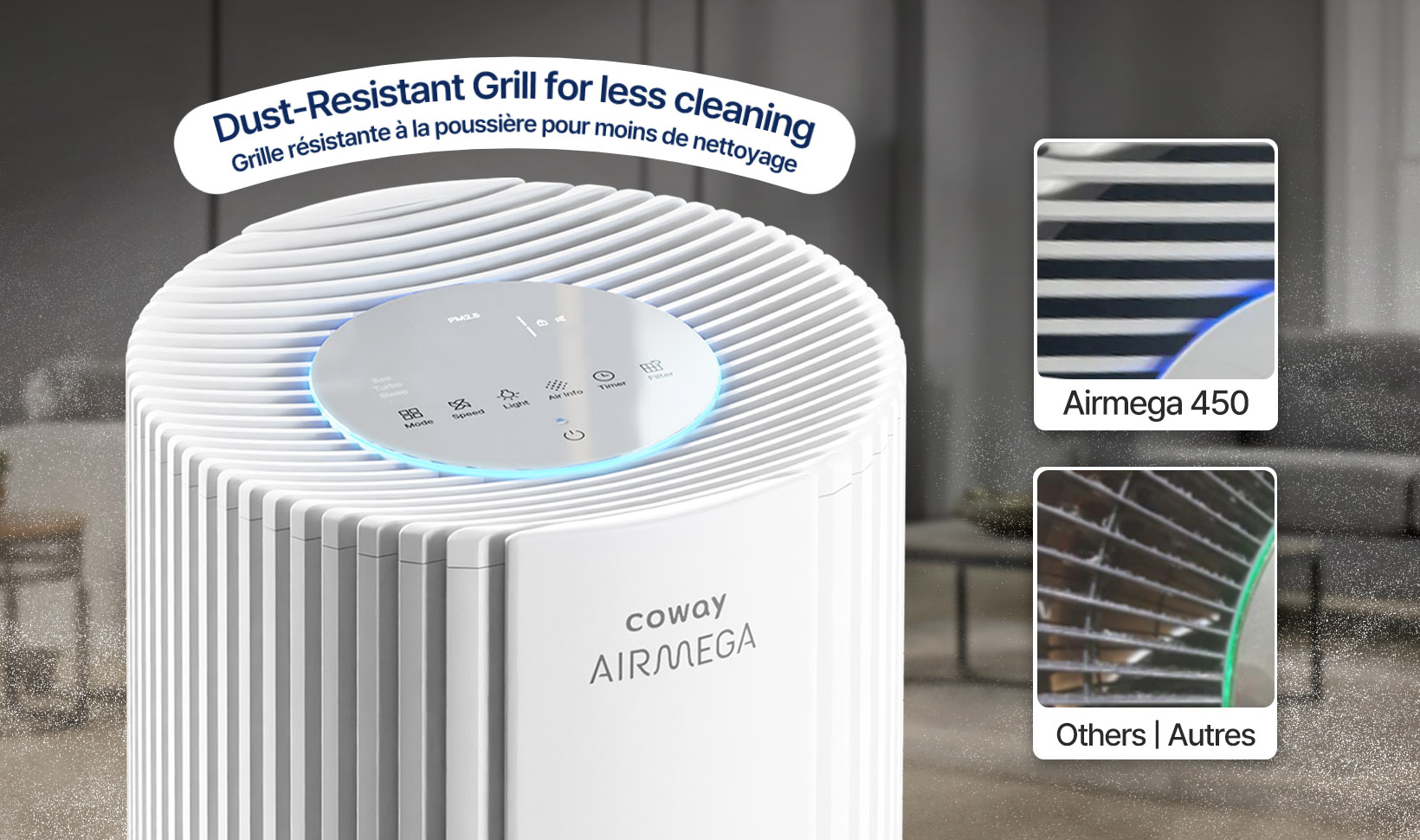 Dust resistant grill and intuitive controls. Grille résistante à la poussière et commandes intuitives.