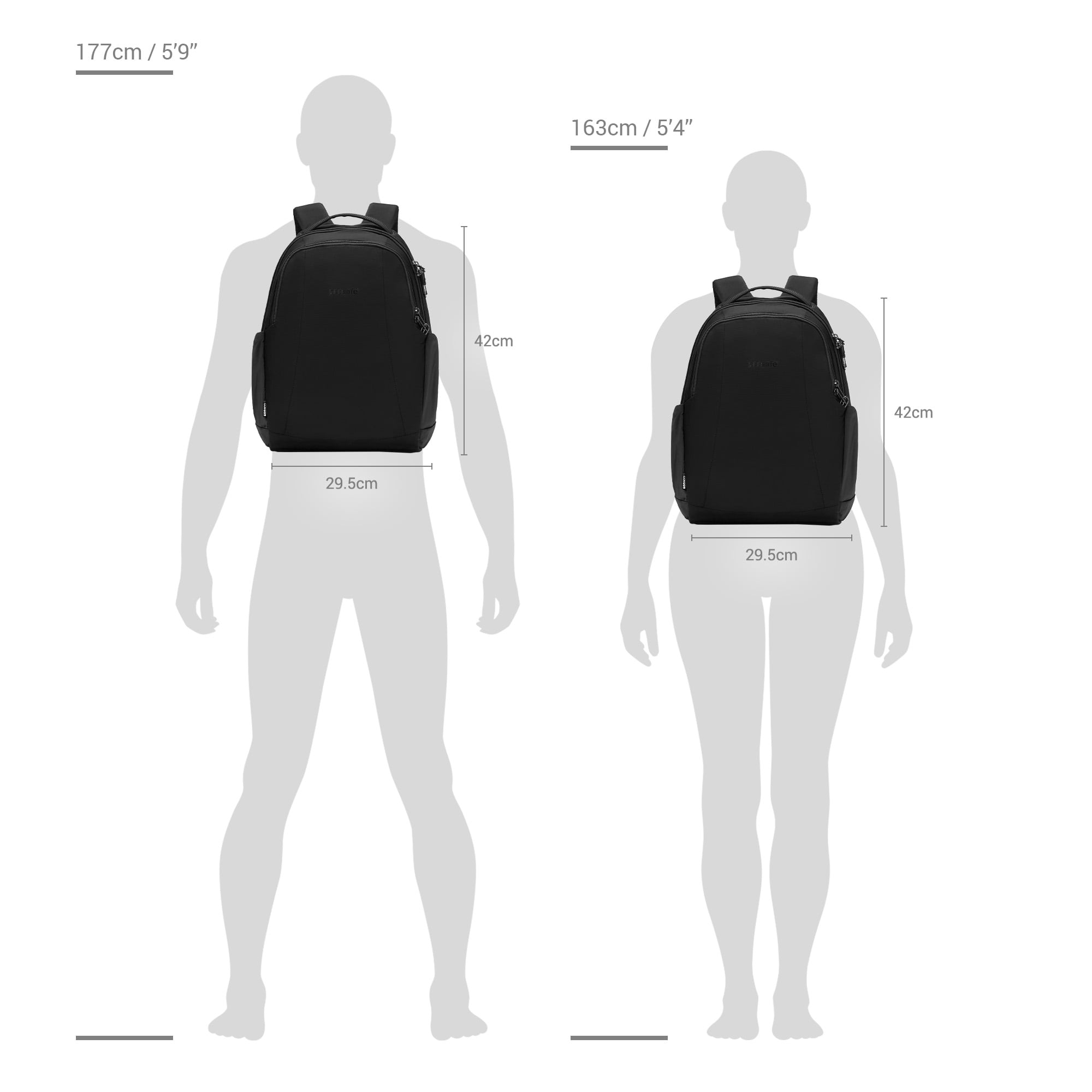 Size chart for Pacsafe® LS350 anti-theft backpack