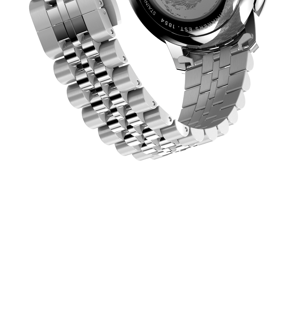 A close-up of the stainless steel bracelet and case back of the Timex Waterbury Metropolitan Sub-Second watch, showcasing the polished metal links and engraved backplate details.
