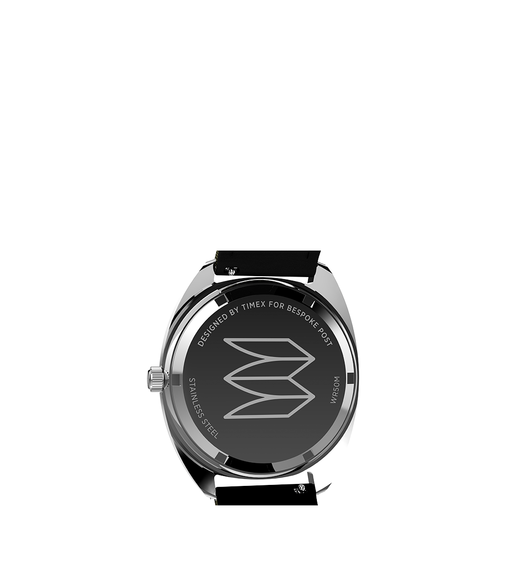 Caseback of the Timex x Bespoke Post watch engraved with 