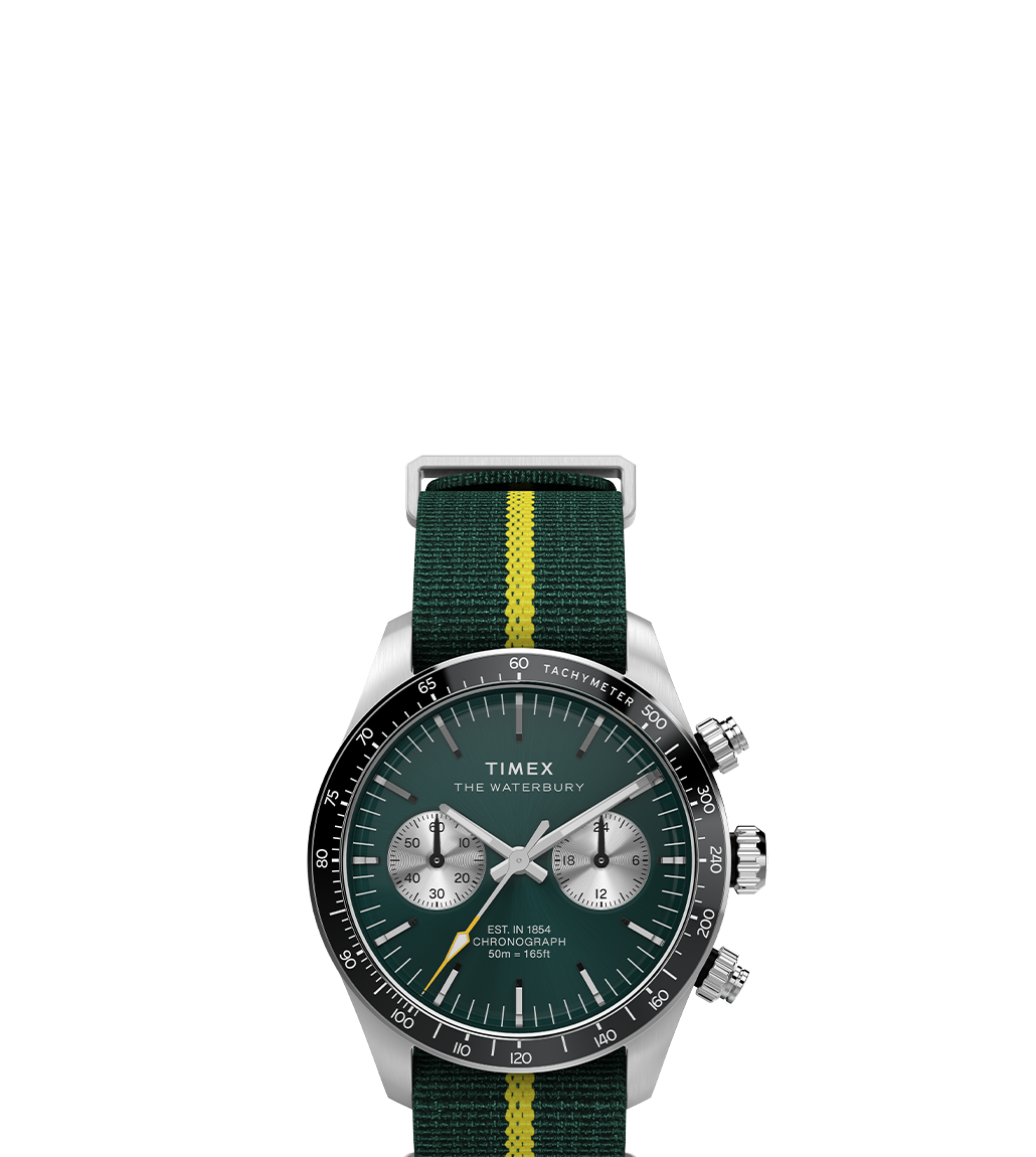 Front product image of the Timex Waterbury Heritage Chronograph with a forest green dial, polished hour markers, silver-tone sub-dials, black bezel with tachymeter markings, and a dark green nylon strap with a yellow center stripe.