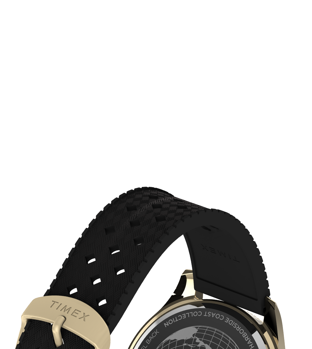 Rear view of the Timex Harborside Coast watch focusing on the black textured silicone strap and engraved stainless steel case back. The strap is secured by a matching gold-tone buckle engraved with “TIMEX,” and the case back displays the Harborside Coast Collection branding with a globe motif.