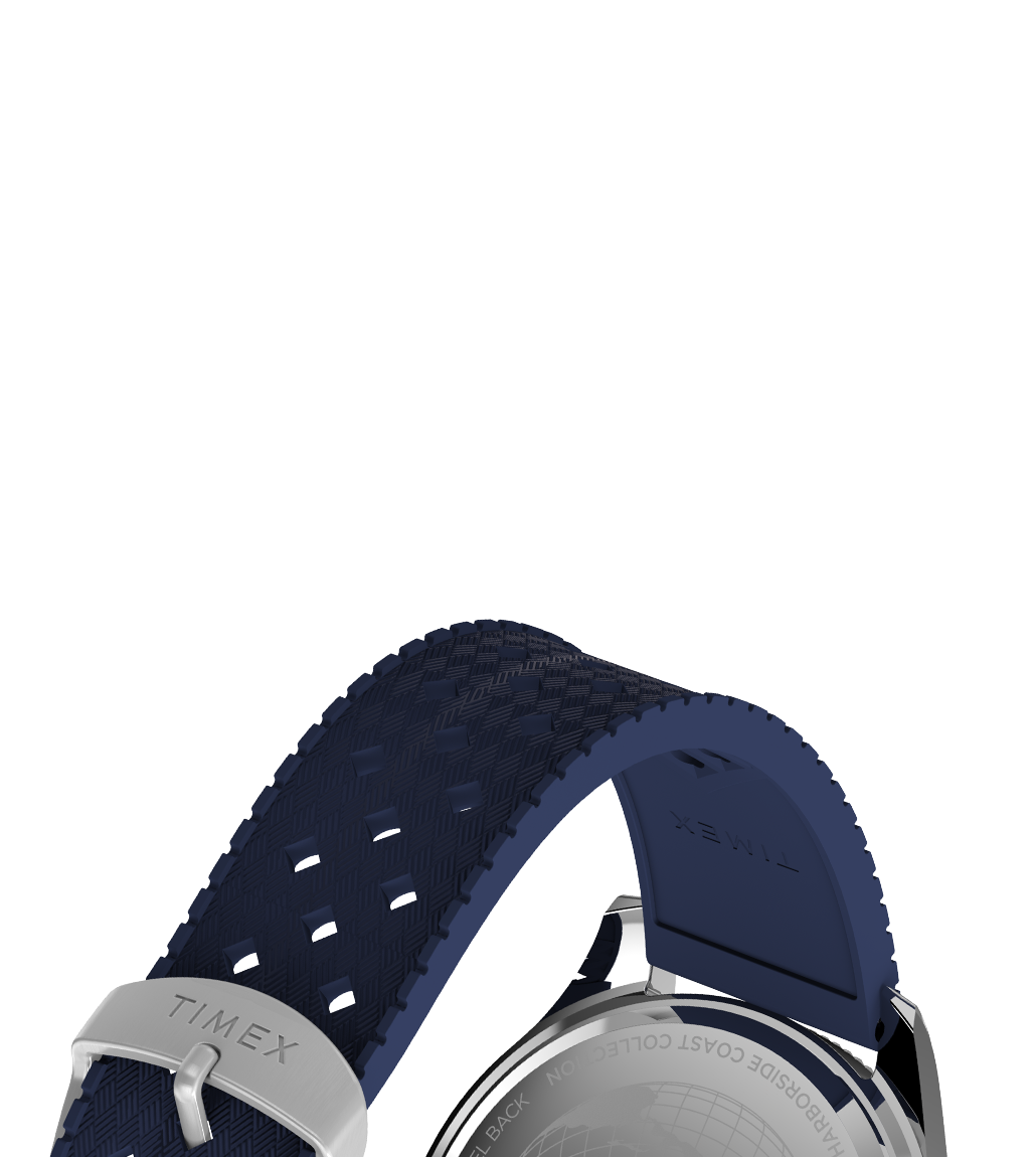 Rear view of the Timex Harborside Coast watch focusing on the textured silicone strap and engraved stainless steel case back. The branding and collection name