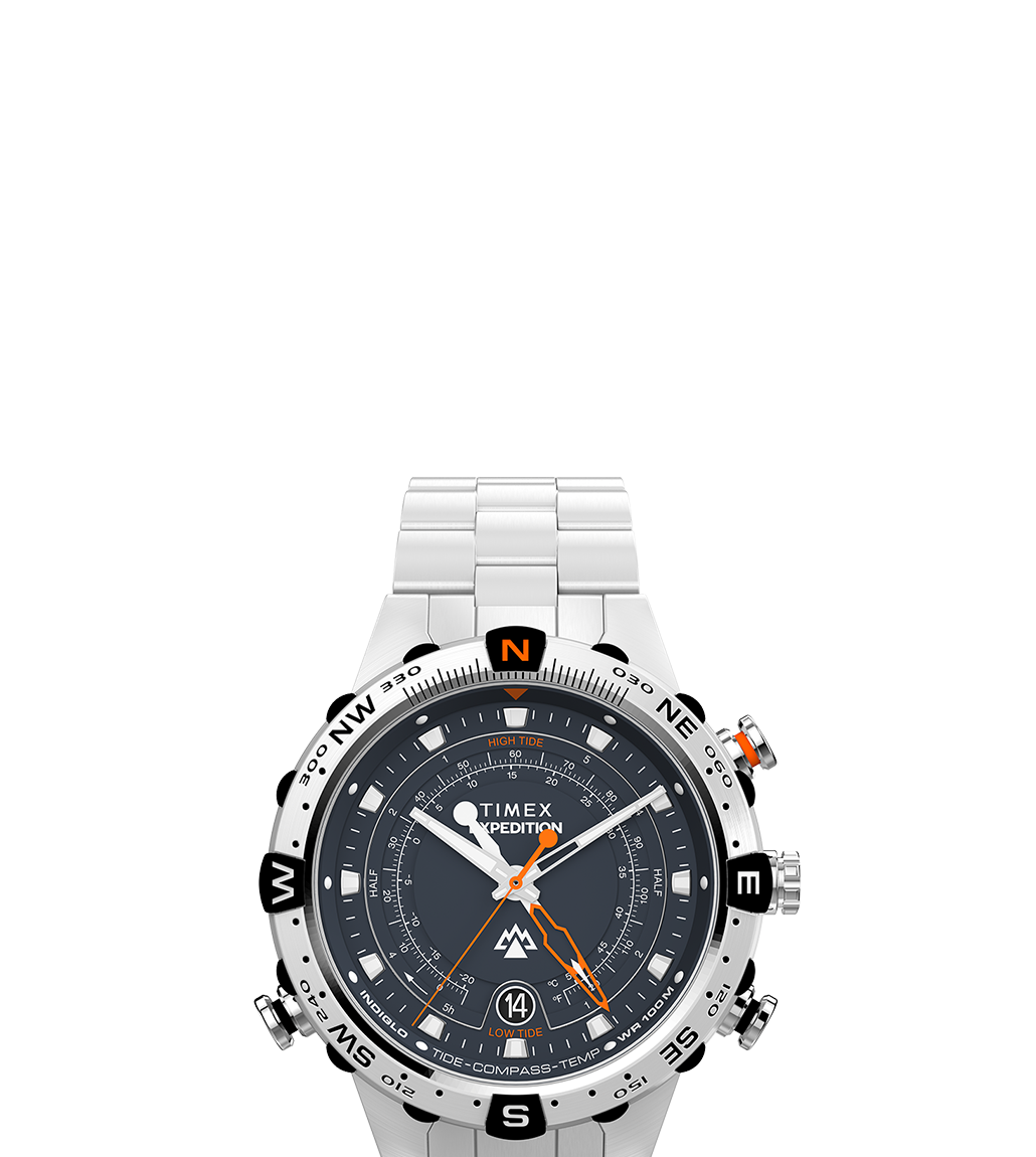 Front-facing render of the Timex Expedition Tide-Temp-Compass watch with a stainless steel bracelet and case. Features include a black multifunction dial with tide tracking, compass bezel with orange directional markers, thermometer scale, and a date window at 6 o’clock.
