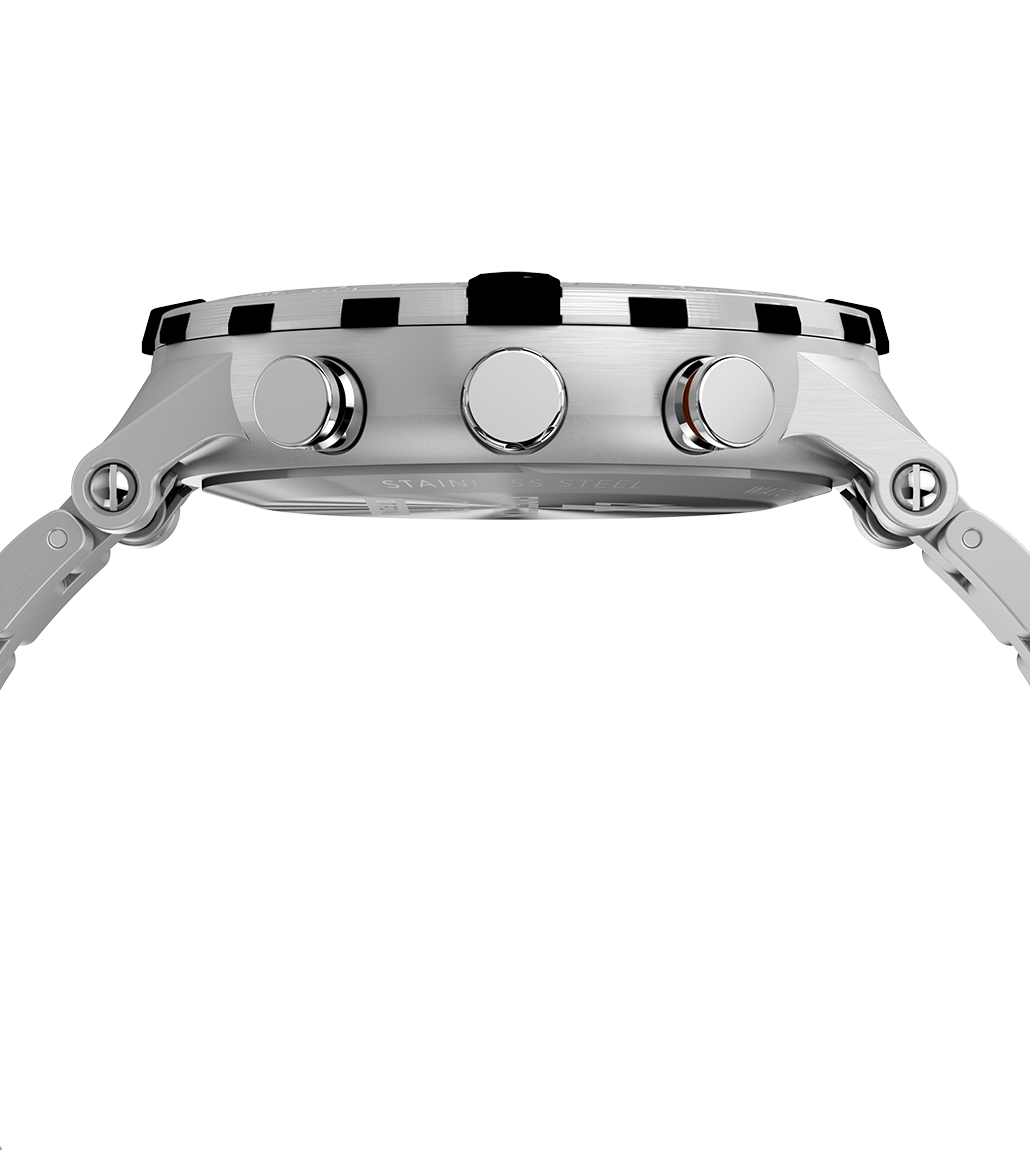 Side view of the Timex Expedition Tide-Temp-Compass watch showing the brushed stainless steel case with three prominent pushers and a ridged compass bezel. The profile emphasizes the watch’s rugged build and functional design.