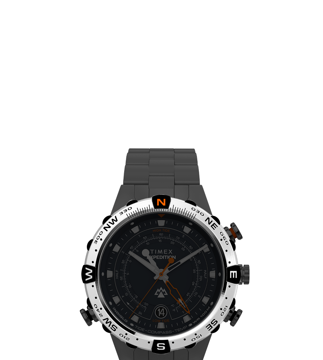 Digital render of the Timex Expedition Tide-Temp-Compass watch in a blacked-out color scheme. The watch face remains highlighted with orange compass and tide indicators, paired with a silver bezel and dark bracelet for a bold, tactical look.