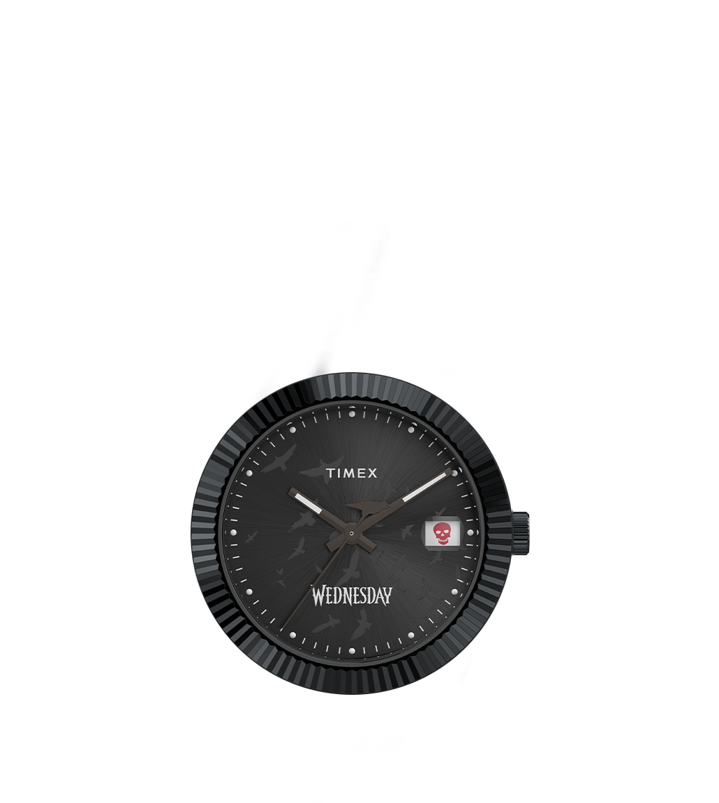 Detailed image of the Timex x Wednesday Legacy watch head, showing the radial texture on the dial, raven silhouette pattern, and “Wednesday” text with the red skull icon date display.