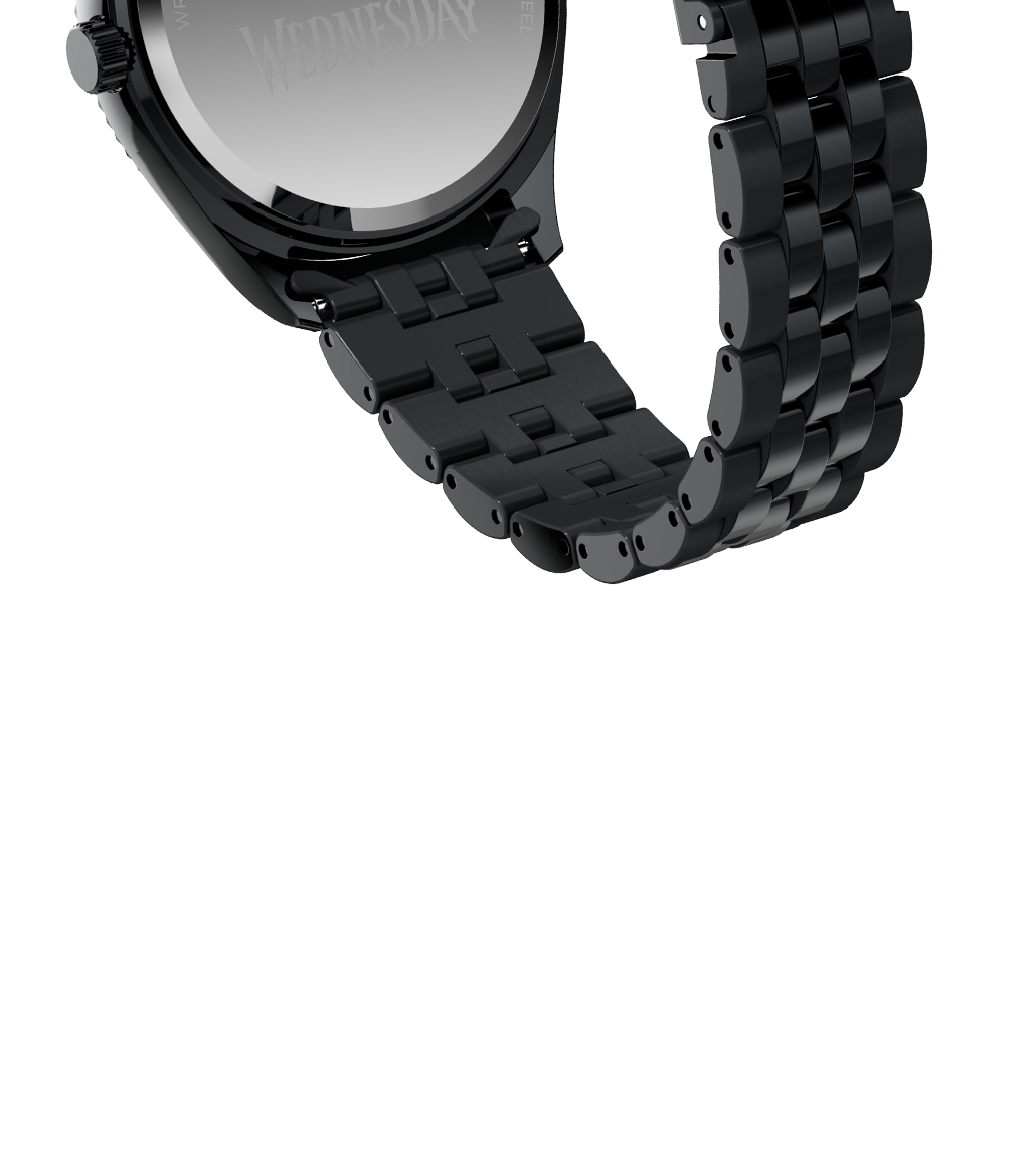 Close-up of the Timex x Wednesday Legacy watch’s black stainless-steel bracelet and caseback. The caseback is engraved with the “Wednesday” logo, emphasizing the build quality and gothic detailing.