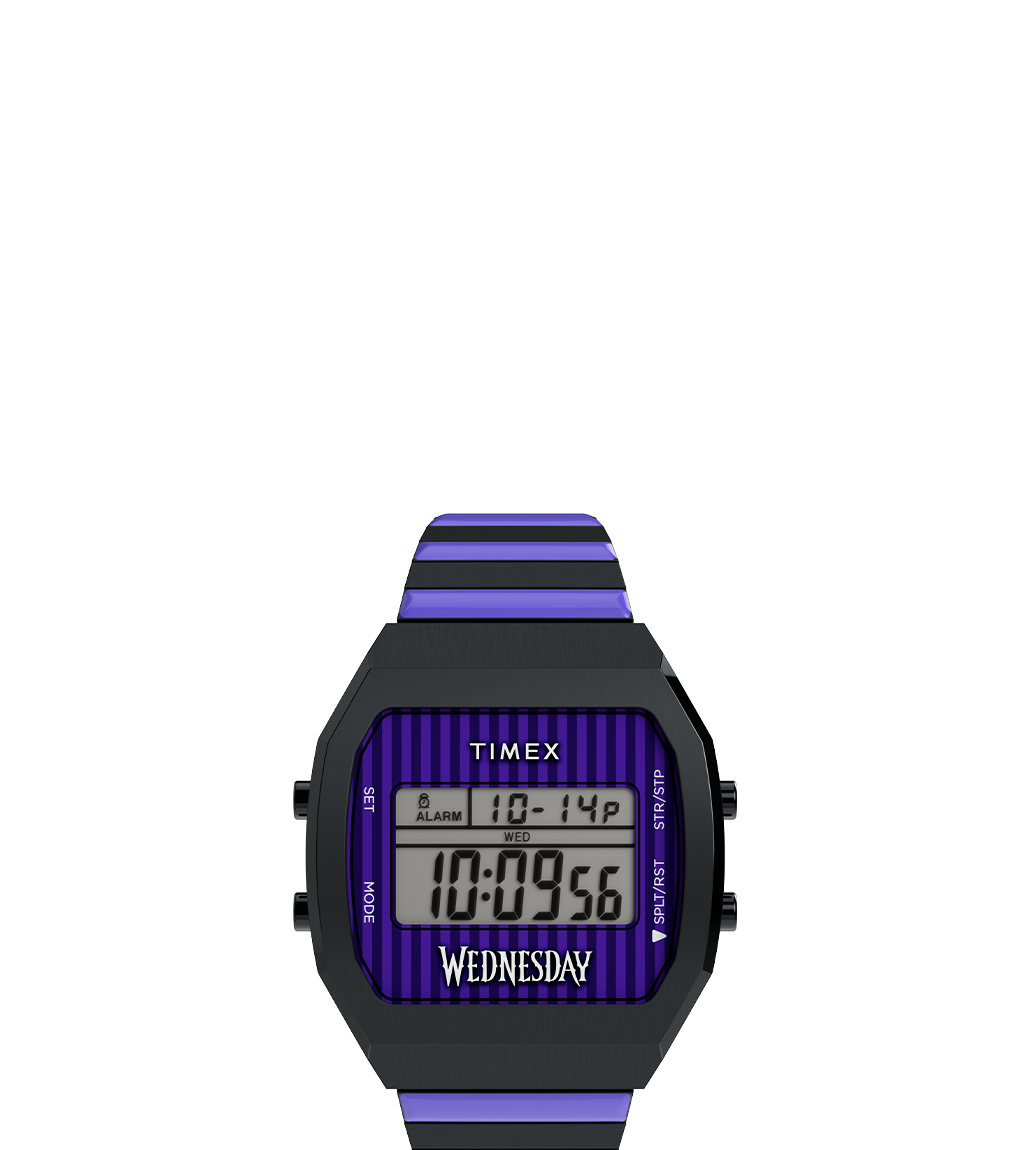 Front-facing view of the Timex x Wednesday T80 digital watch featuring a black case, purple and black striped dial and resin strap, and the word “WEDNESDAY” prominently displayed below the digital display.