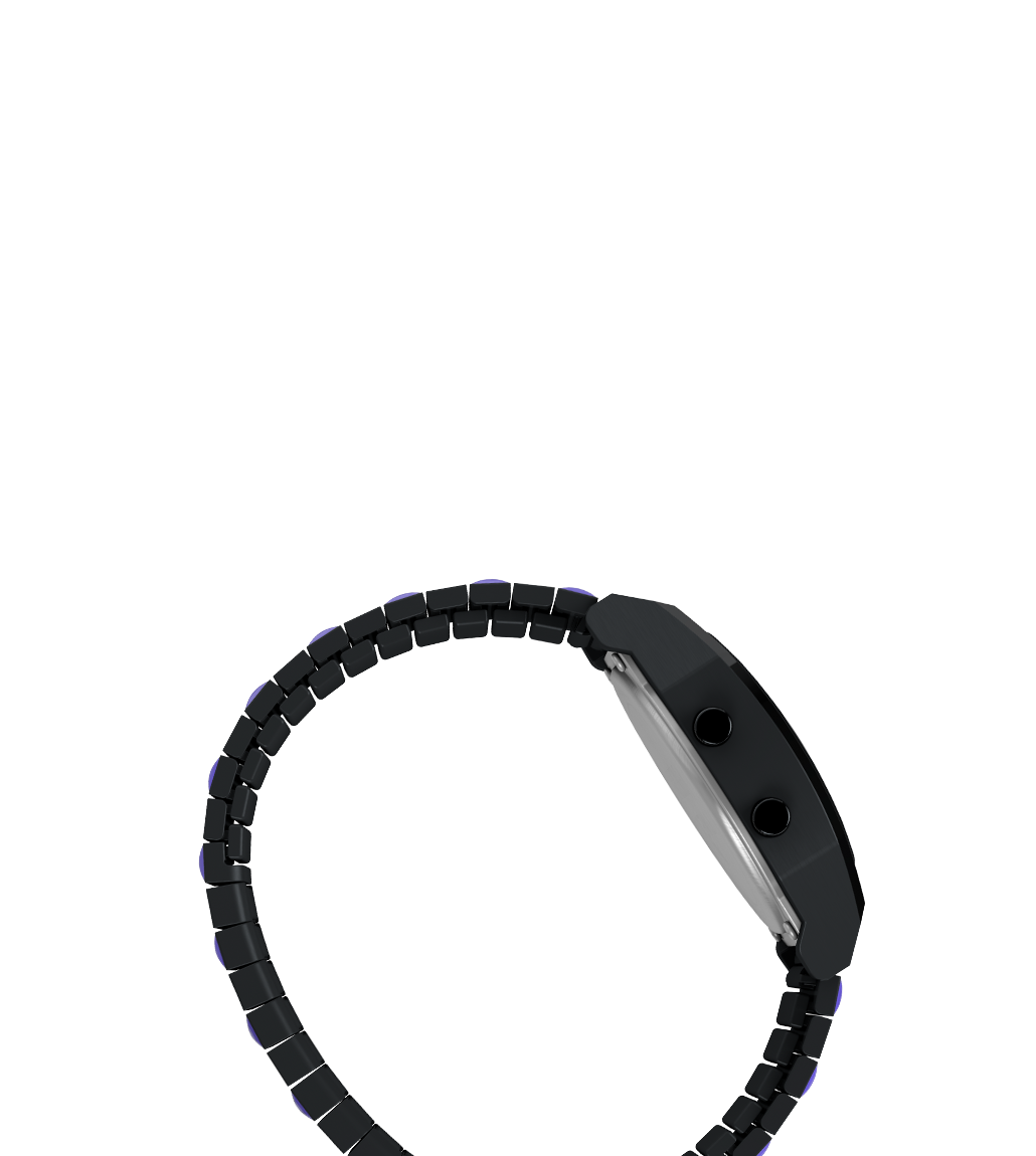 Side profile view of the Timex x Wednesday T80 watch showing its black case thickness, dual side buttons, and black expandable bracelet with subtle purple accents.

