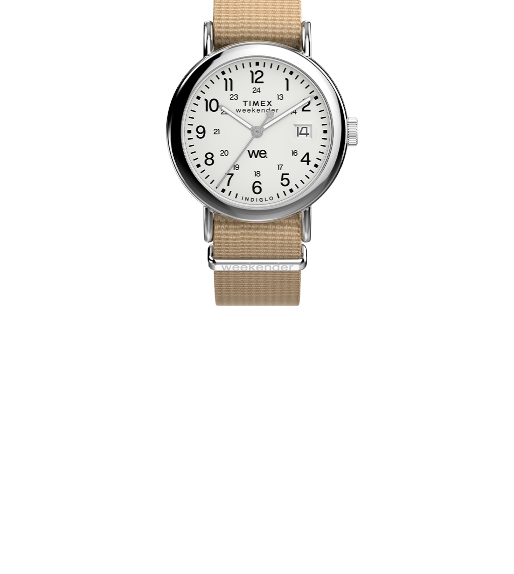 Straight-on product image of the Timex Weekender 37mm featuring a white dial with 24-hour time, “we.” logo on the dial, and a natural beige fabric strap.