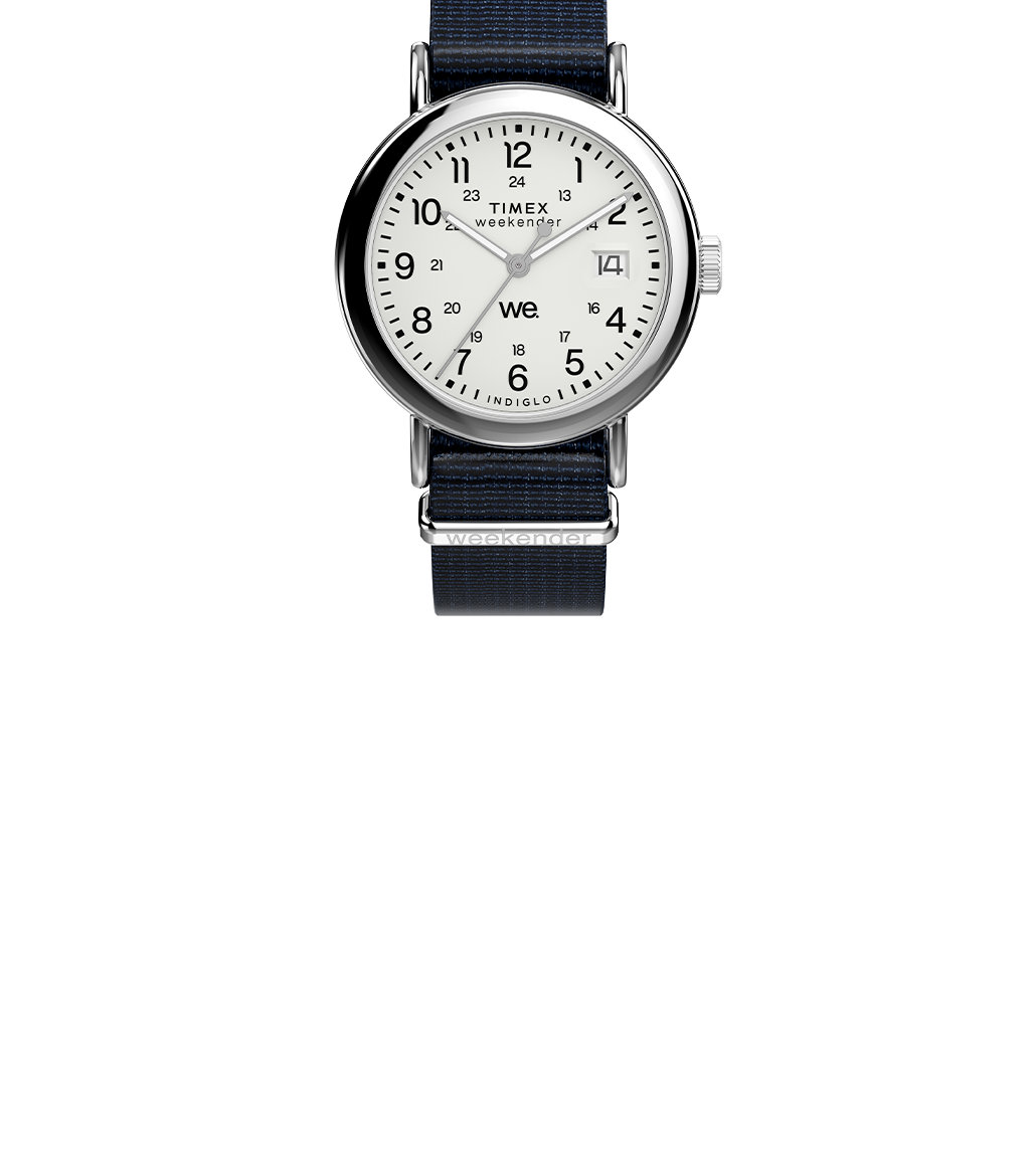Front-facing product shot of the Timex Weekender 37mm with a crisp white dial, clear black markers, and navy-blue strap on a white background.