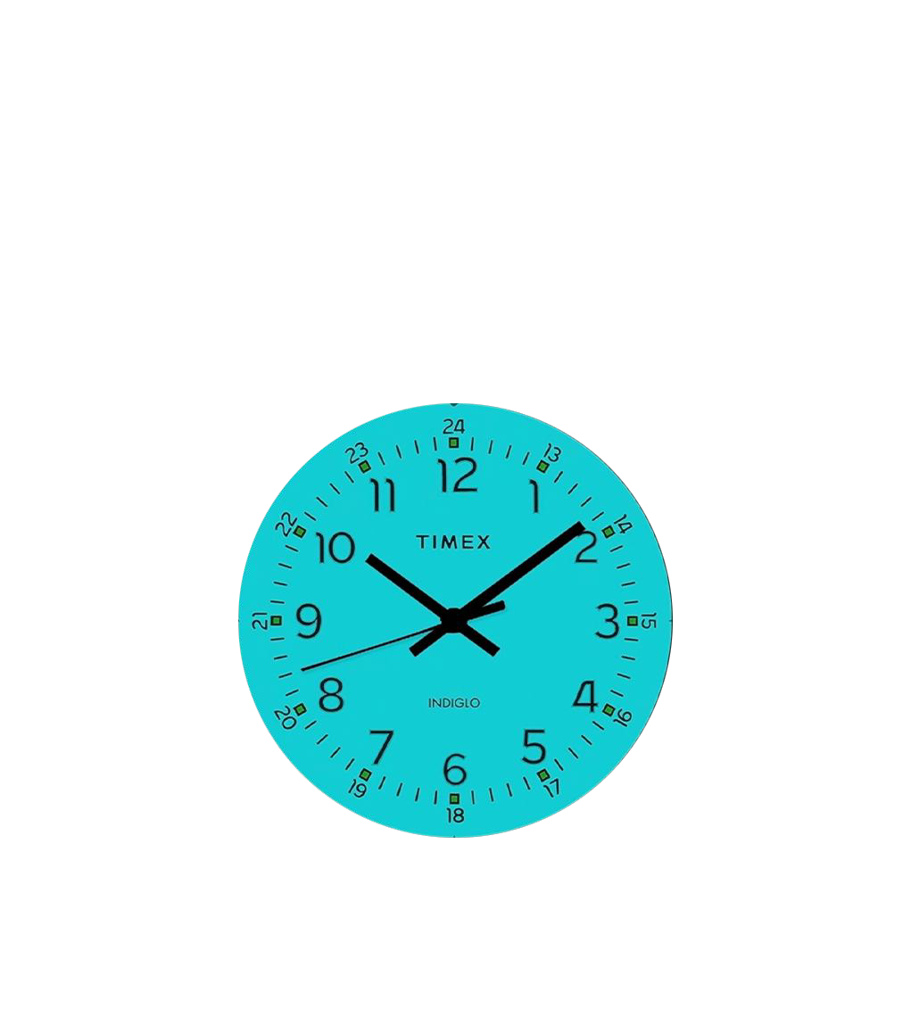 Indiglo-glow mockup of the Timex Weekender dial with a bright teal-blue illumination and black numerals and hands.