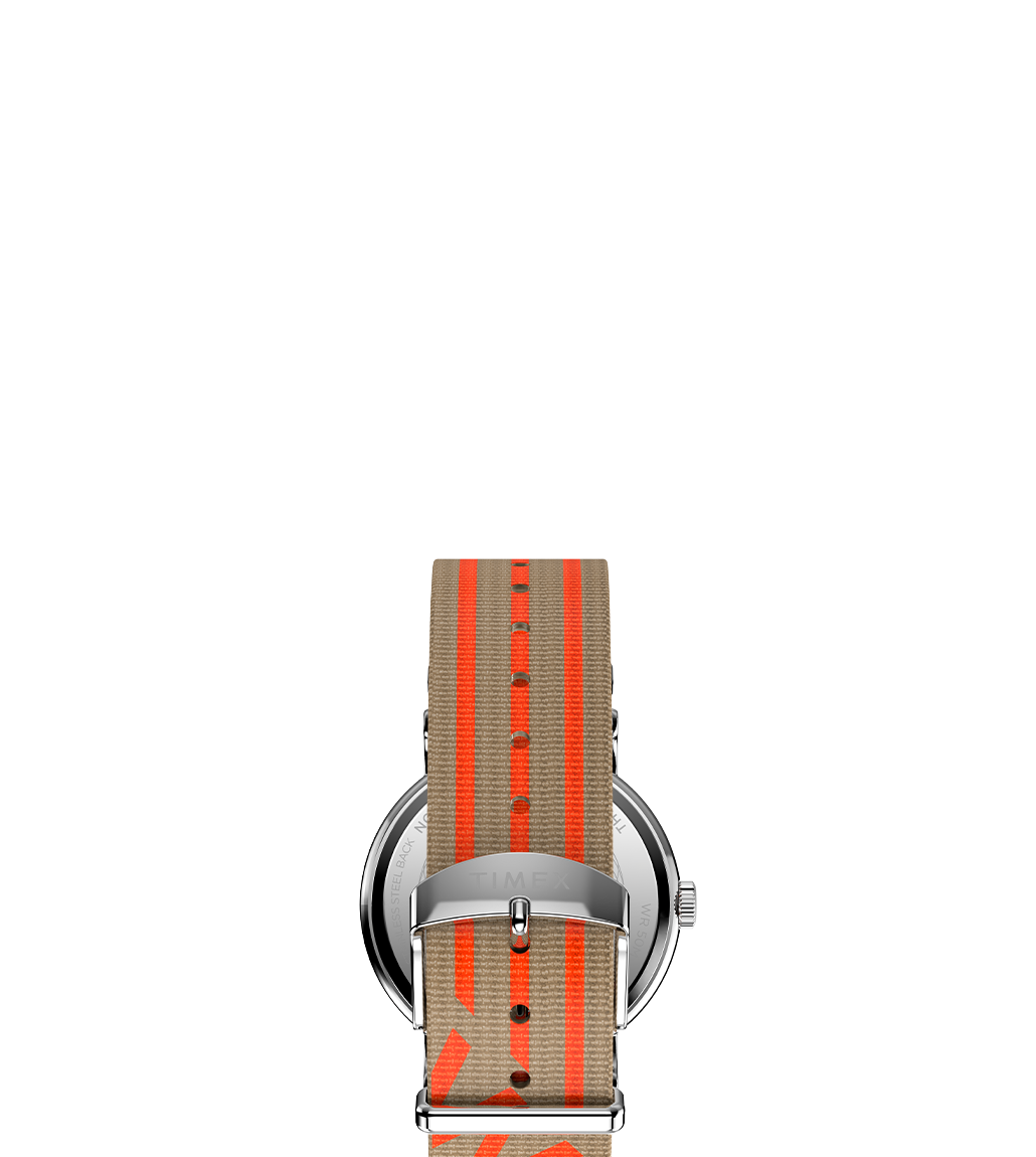 Rear product render of the beige-orange striped strap showing the back view of the watch and 
