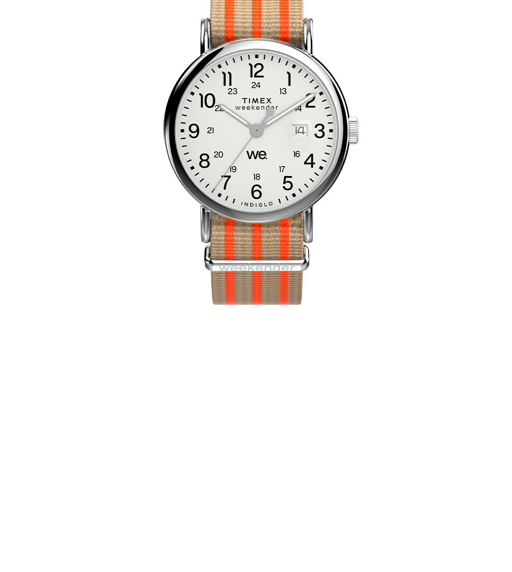 Clean front-facing product image of the Timex Weekender with a white dial and beige-orange fabric strap on a white background.