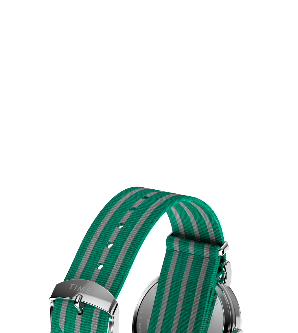 Rear view of the Timex Weekender watch showing the striped green-and-grey fabric strap and polished silver hardware.